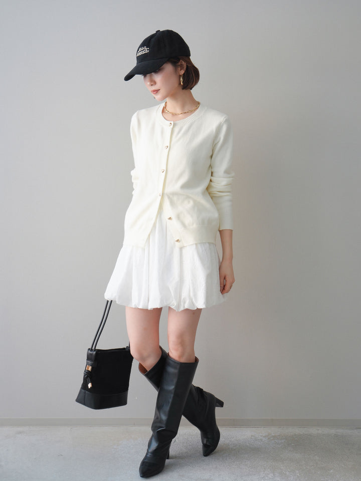 [SET]ハートボタンニットカーディガン+コットンライクレースバルーンミニスカート(2set)