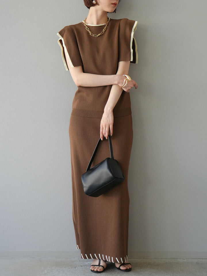 [予約]リネンタッチハンドステッチニットタイトスカート/モカ