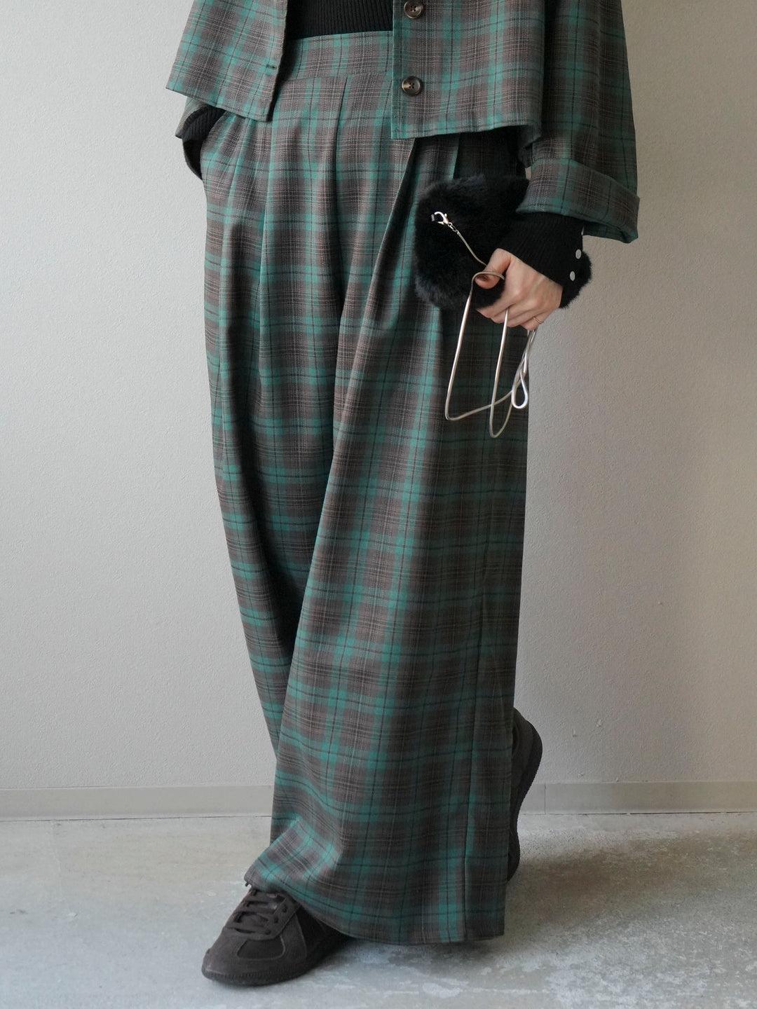 [予約]チェック柄イージーパンツ/グリーン