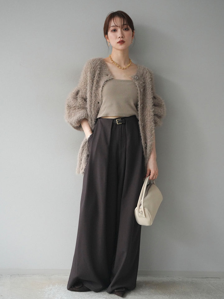 [SET]クルーネックランダムシャギーカーディガン+ベルトループデザインワイドパンツ(2set)