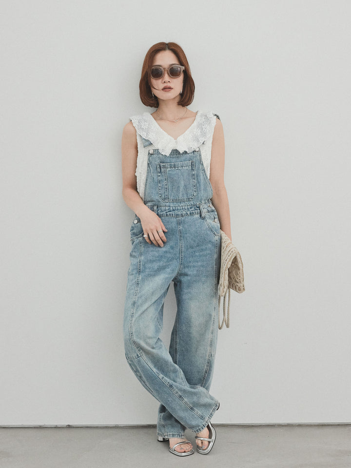 [SET]センターシームデニムサロペット +テープヤーンラッフルノースリトップス(2set)