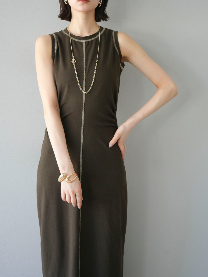 [予約]ウエストオープンステッチカットワンピース/ブラウン