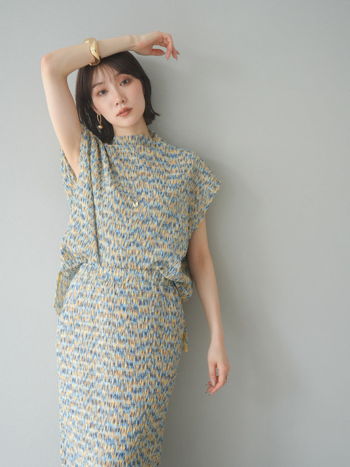 [予約]マルチカラーランダムプリーツフレンチトップス/イエロー