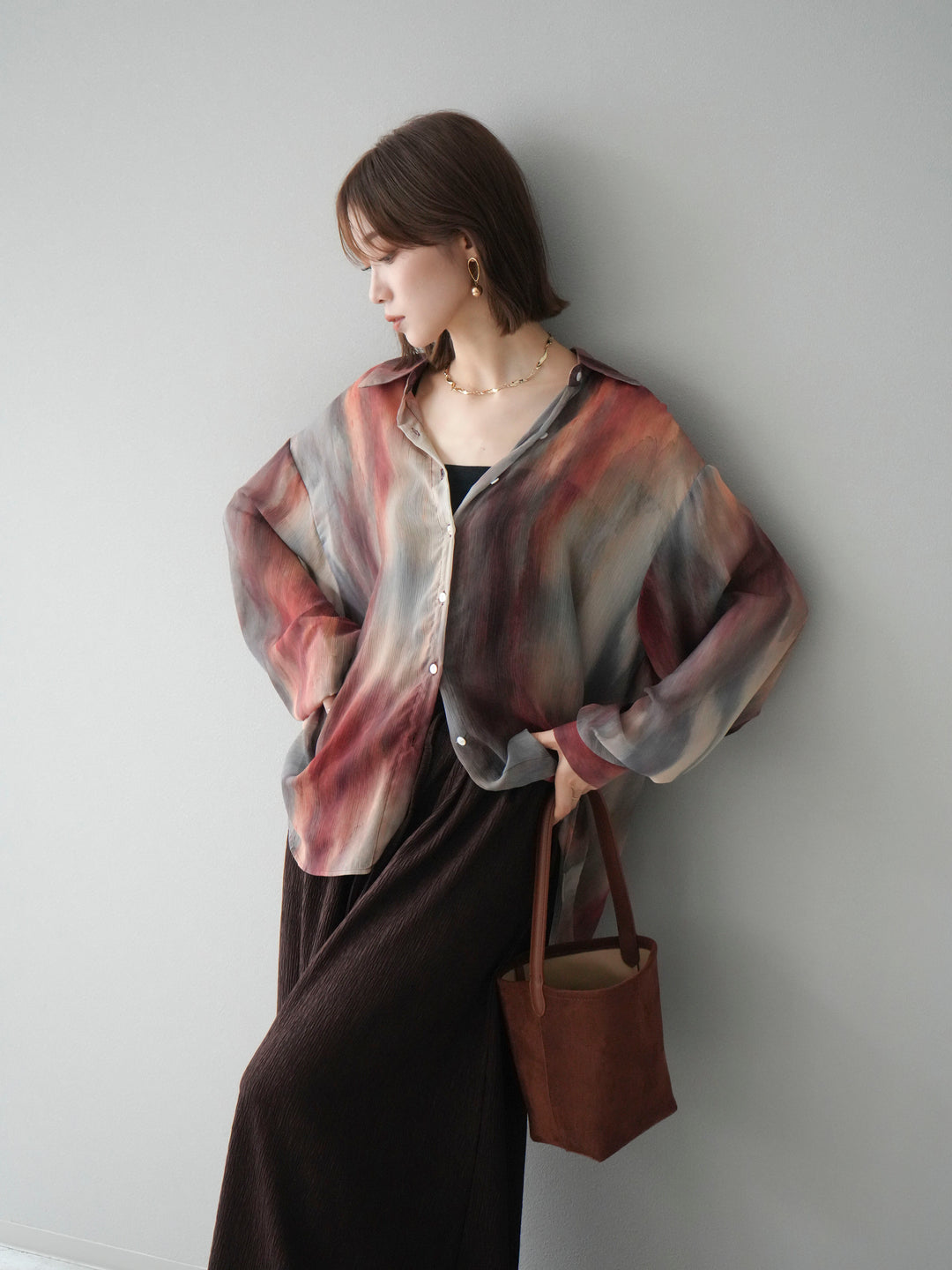 [予約]ニュアンス柄シアーシャツ/レッド