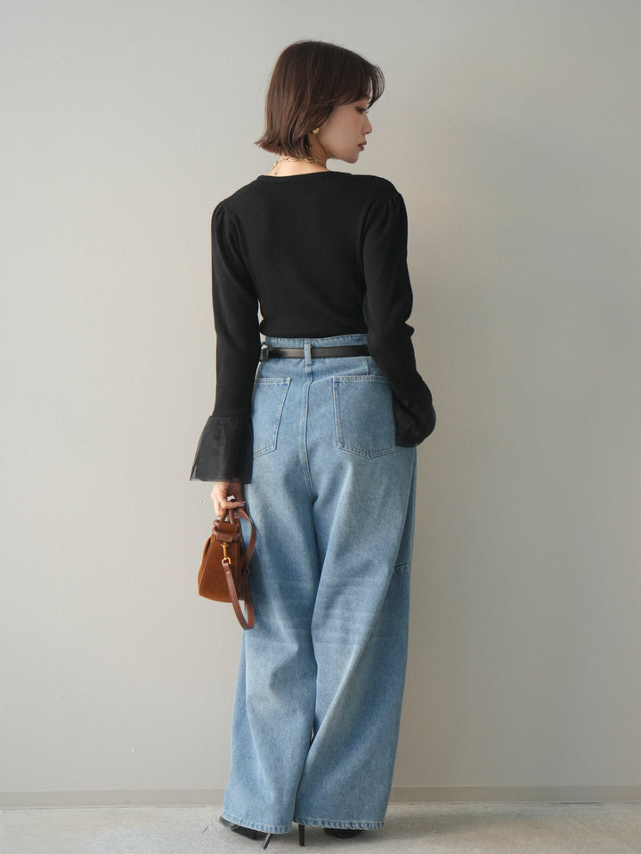 [SET]袖チュールパワショルリブニットトップス+ハイウエストベルトループデザインデニムパンツ(2set)