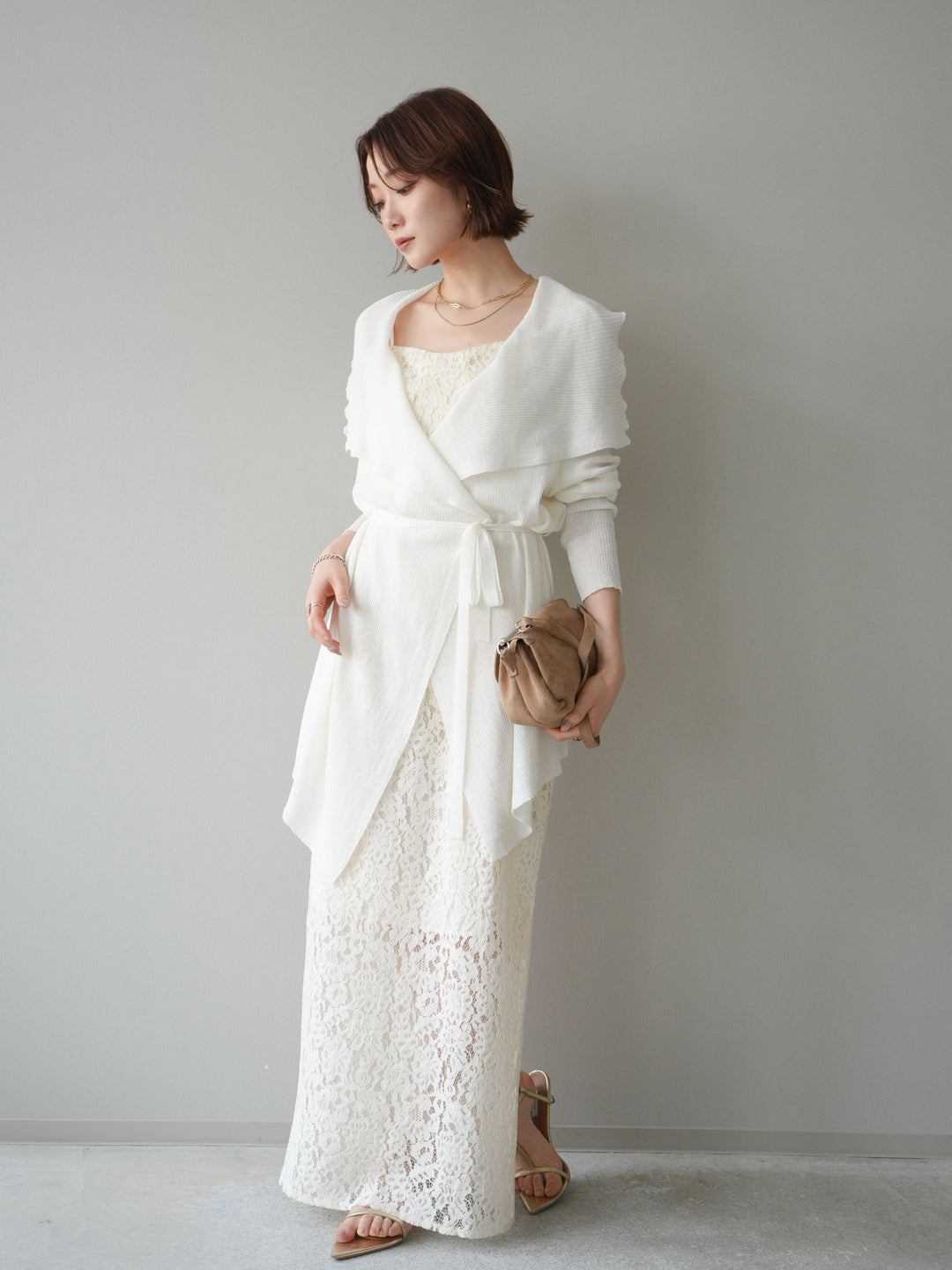 [SET]ドレープリブニットガウン+フルレースキャミ＆IラインスカートSET UP(2set)