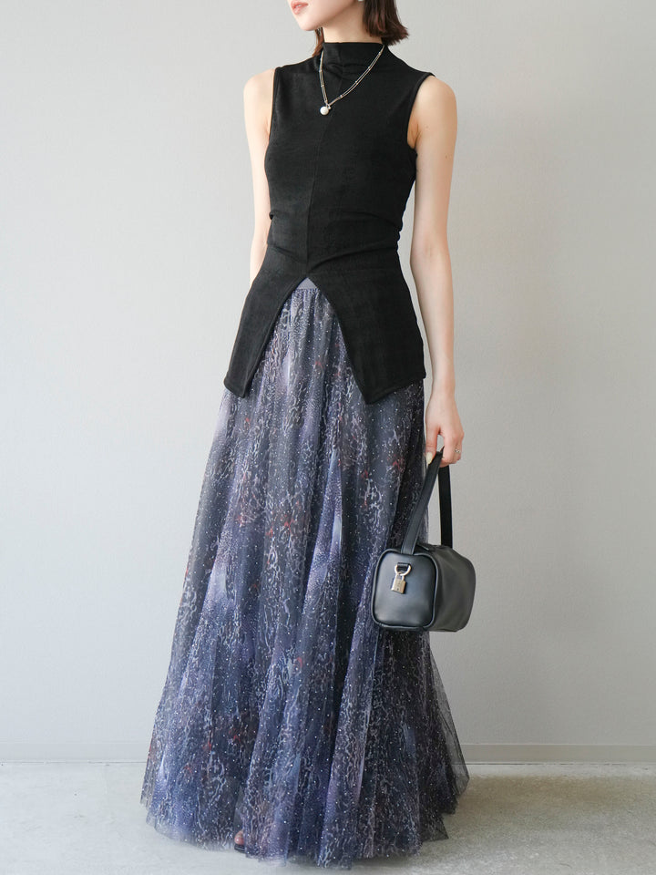 [予約]ニュアンス柄チュールレイヤードプリーツスカート/ネイビー