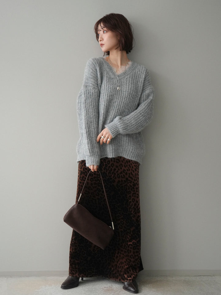[SET]Vネックレースニットプルオーバー+レオパードベロアナロースカート(2set)