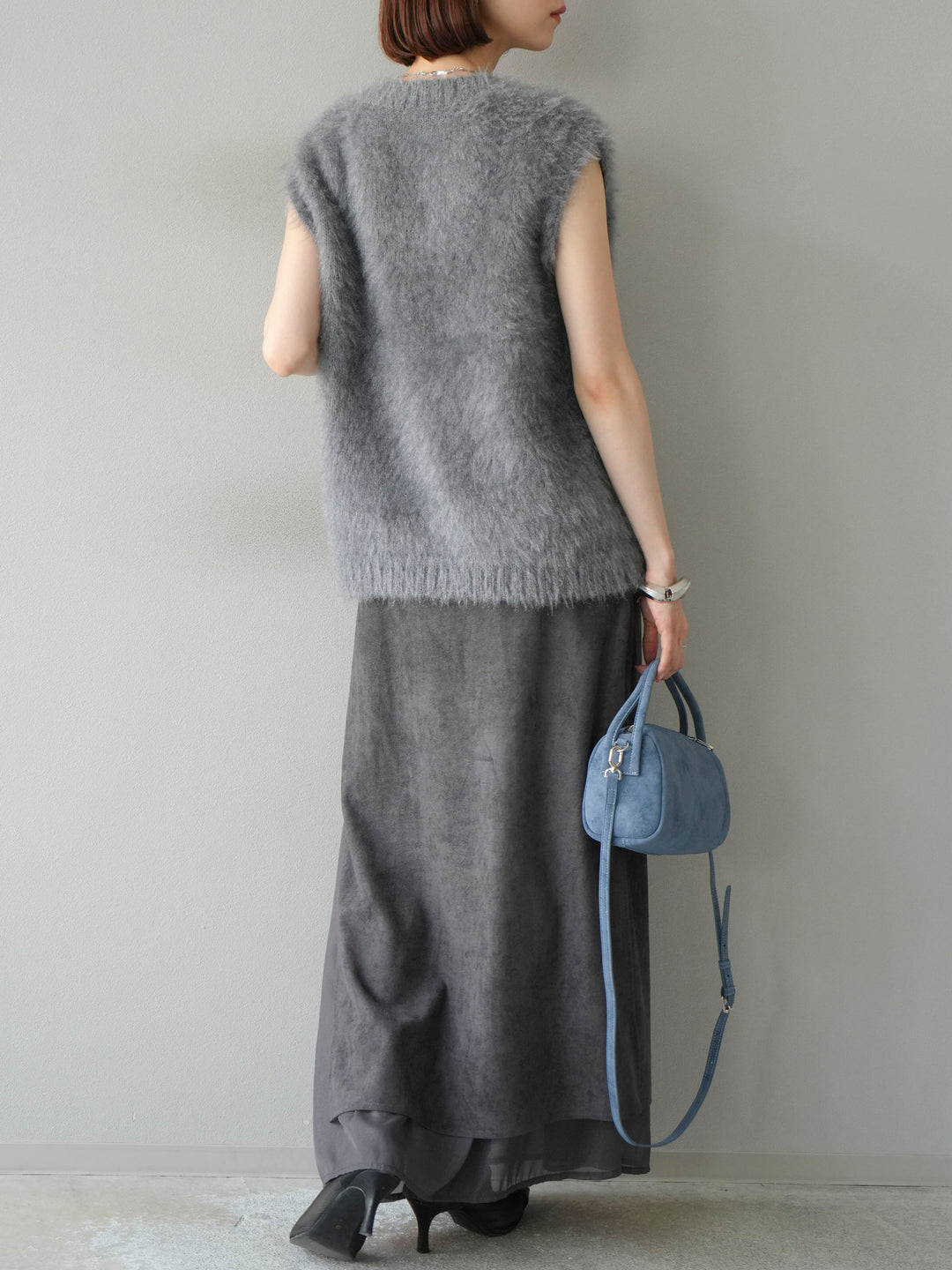 [予約]サイドスリットスウェードドッキングシフォンスカート/グレー
