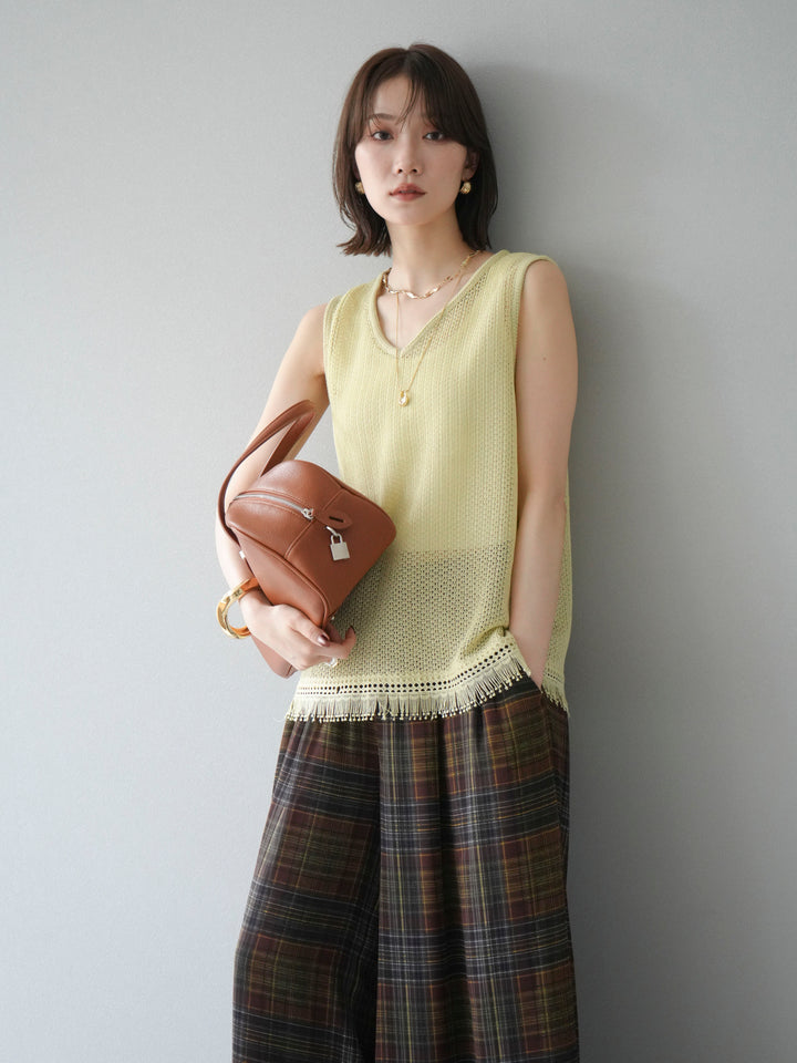 [予約]裾フリンジVネックニットタンクトップアンサンブル/イエロー