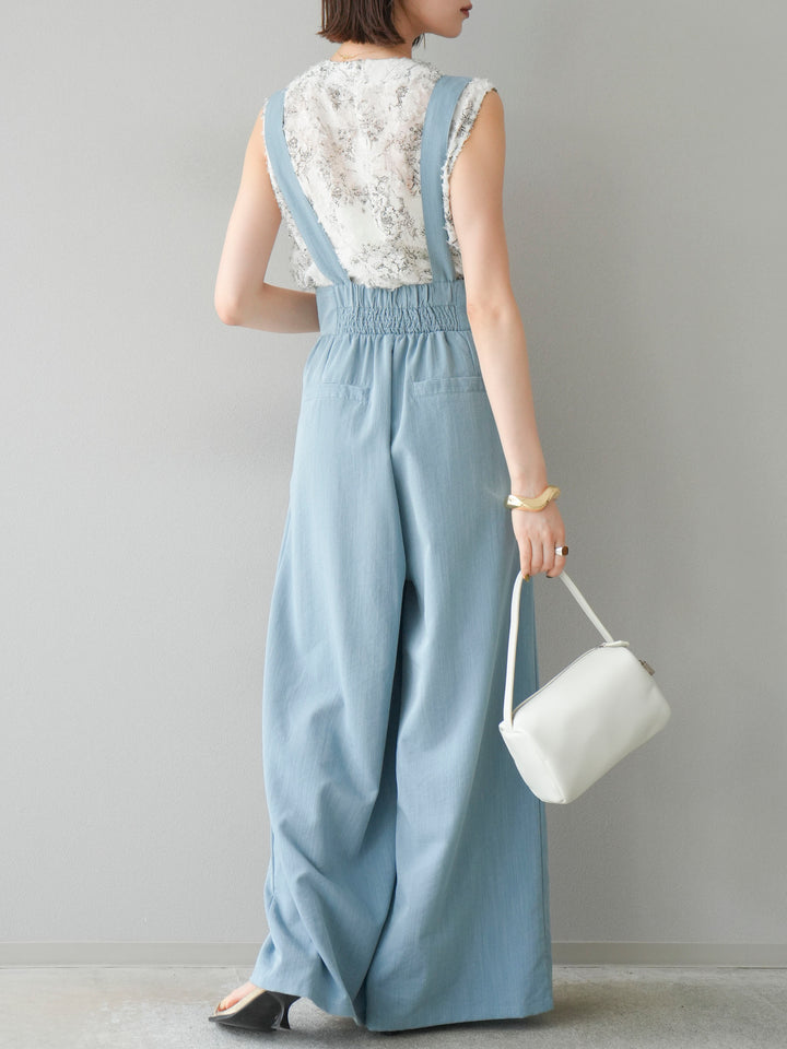 [SET]ストリングデザインハイウエストサロペット+ニュアンスフリンジジャガードノースリーブブラウス(2set)