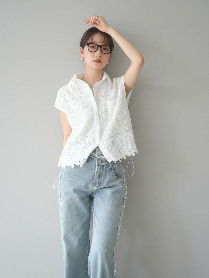 【預購】蕾絲分層抽繩襯衫/白色