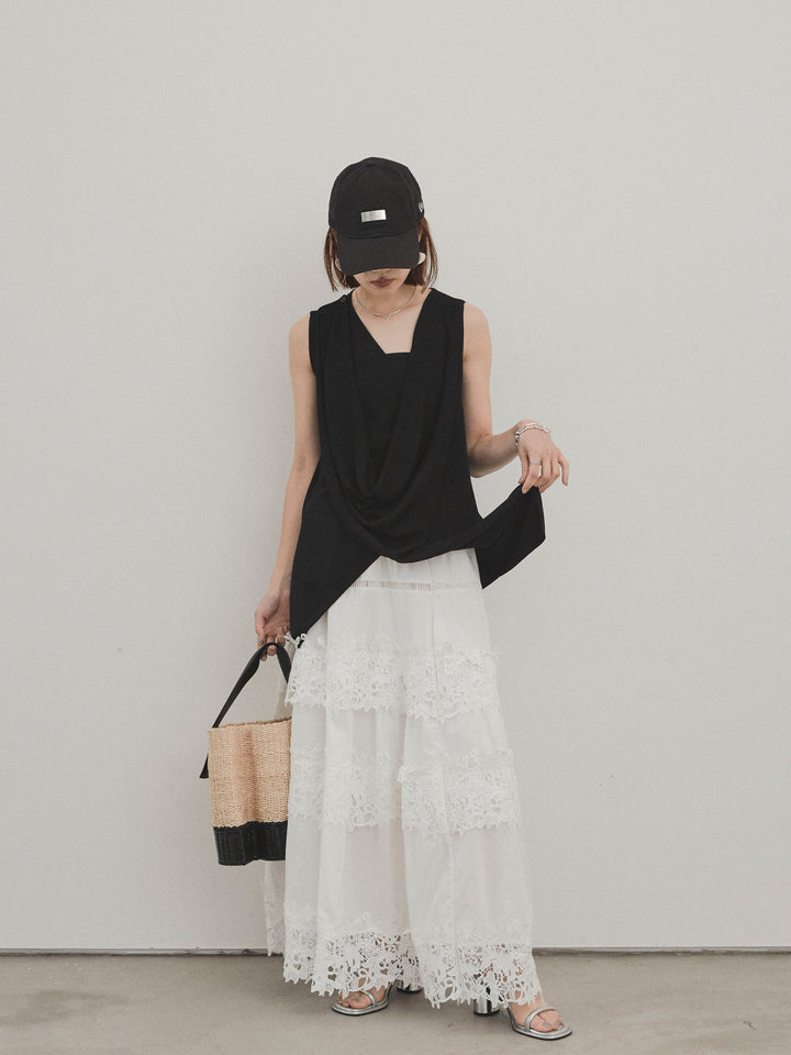 [SET]ドライタッチドレープニットプルオーバー+スカラップレースロングスカート(2set)