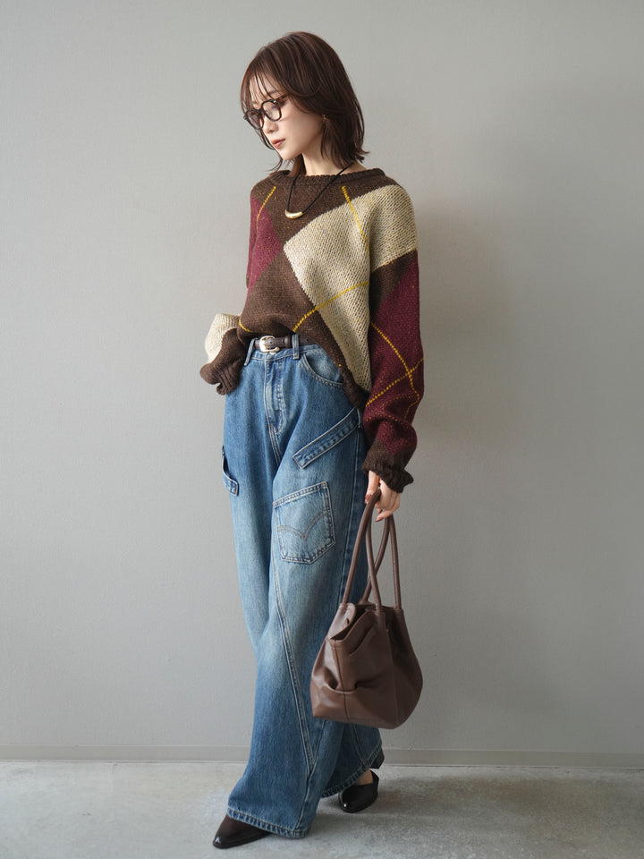 [SET]配色ステッチアーガイル柄ニットプルオーバー+ペインターカーブデニムパンツ(2set)