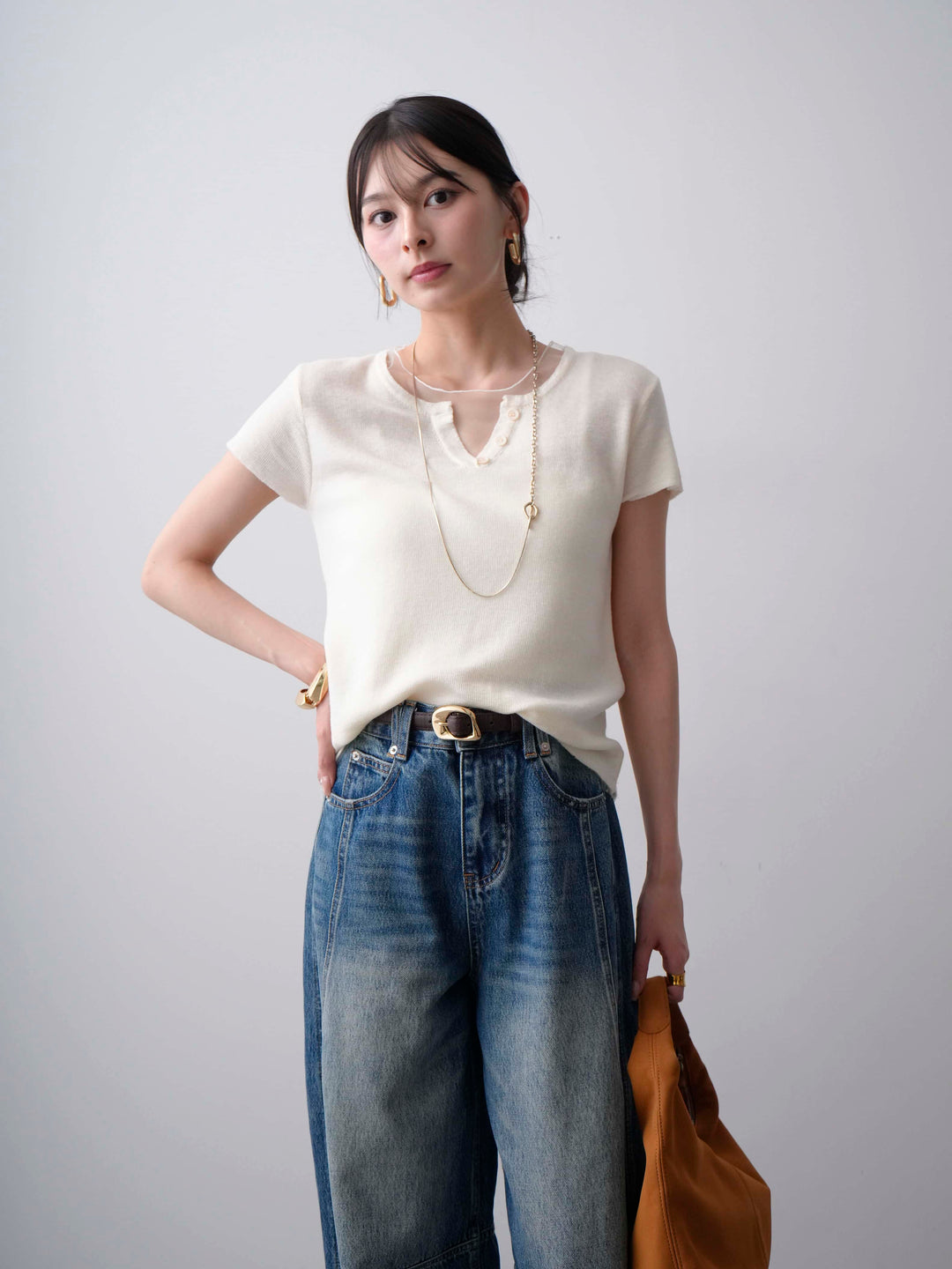 [SET]チュールレーヤードヘンリーフレンチニットトップス+立体カーブデニムパンツ(2set)
