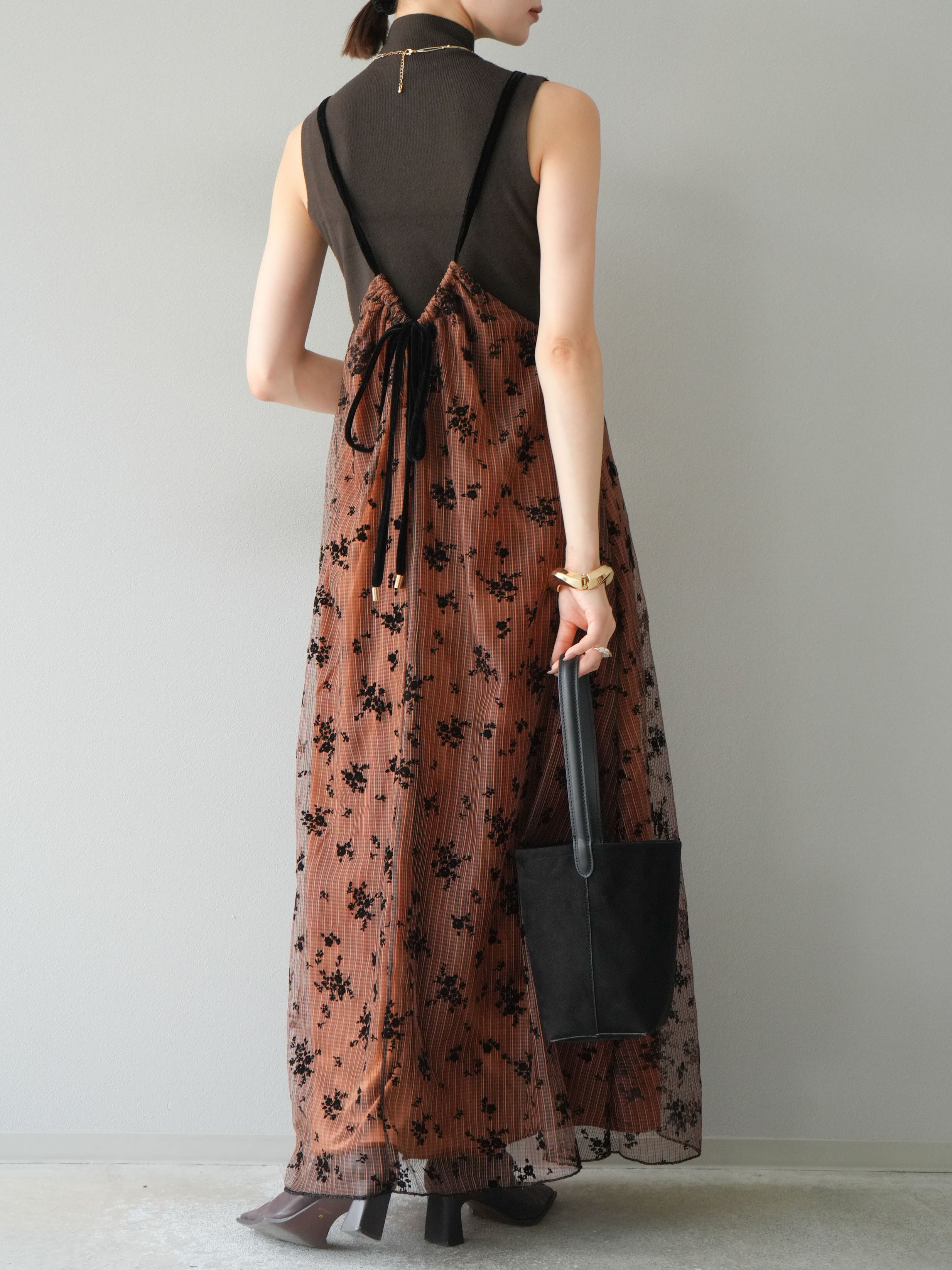 Lumier フロッキーチュールレイヤードベロアキャミワンピース/オレンジ SET]フロッキーチュールレイヤードベロアキャミワンピース+プチネック