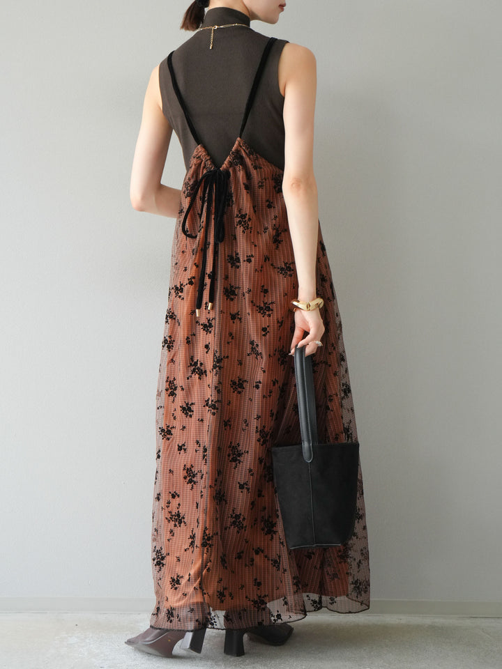 [SET]フロッキーチュールレイヤードベロアキャミワンピース+プチネックセンターシームノースリーニットトップス(2set)