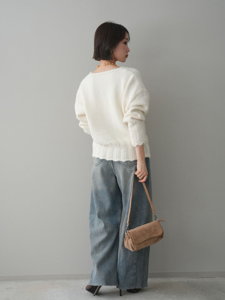 [予約]裏起毛カットオフカーブデニムパンツ/blue