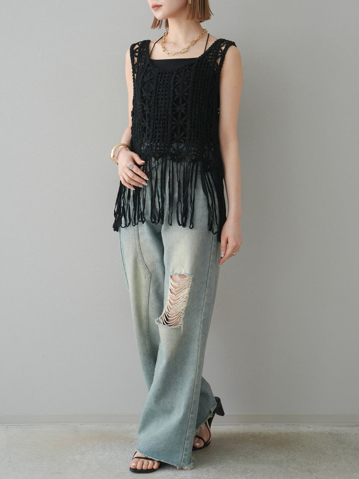 [予約]クロシェフリンジノースリーブトップス/ブラック