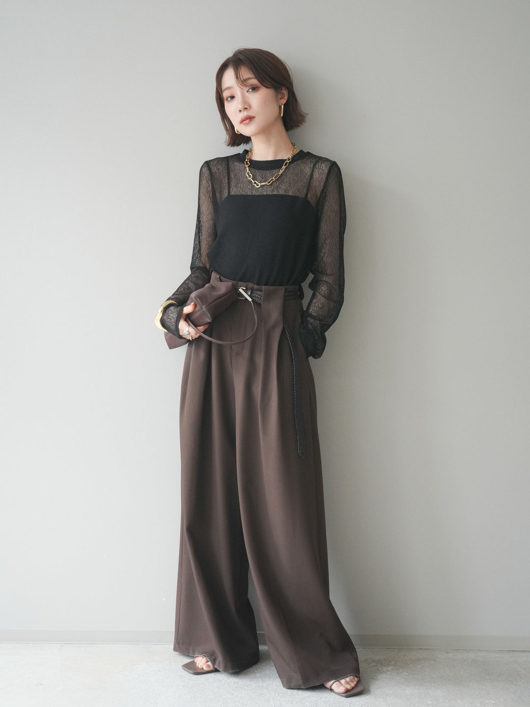 [SET]シアーストライプメッシュトップス+ドレープタックベルトループパンツ(2set)