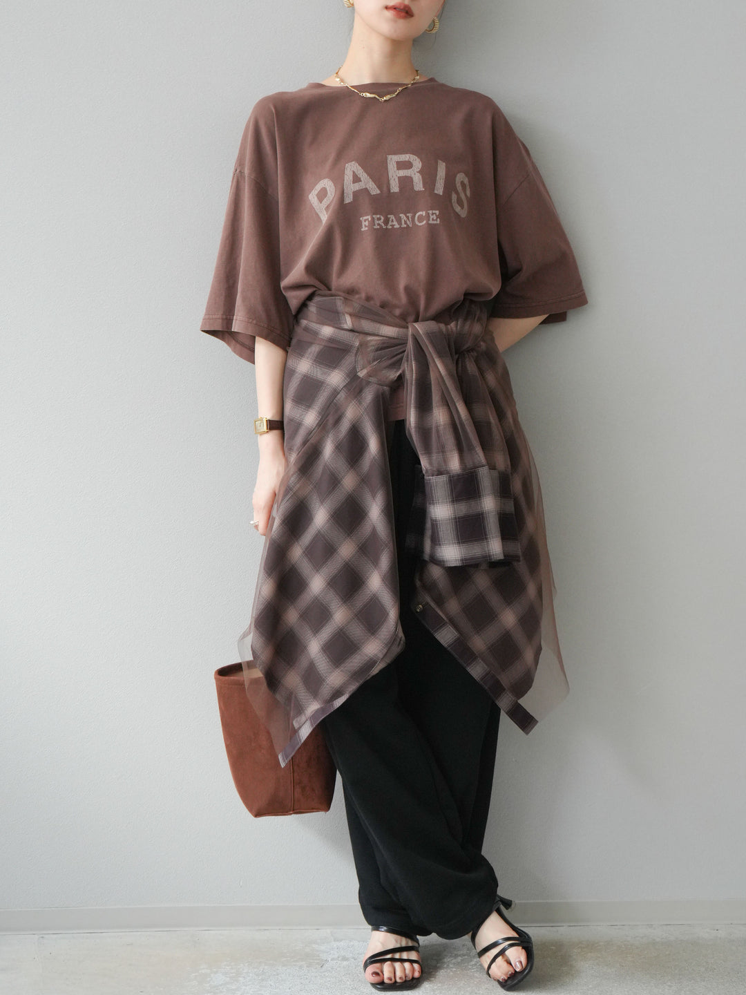 [SET]ピグメントロゴプリントTシャツ+2WAYデザインスウェットパンツ+チュールドッキングチェック柄オーバーサイズシャツ(3set)