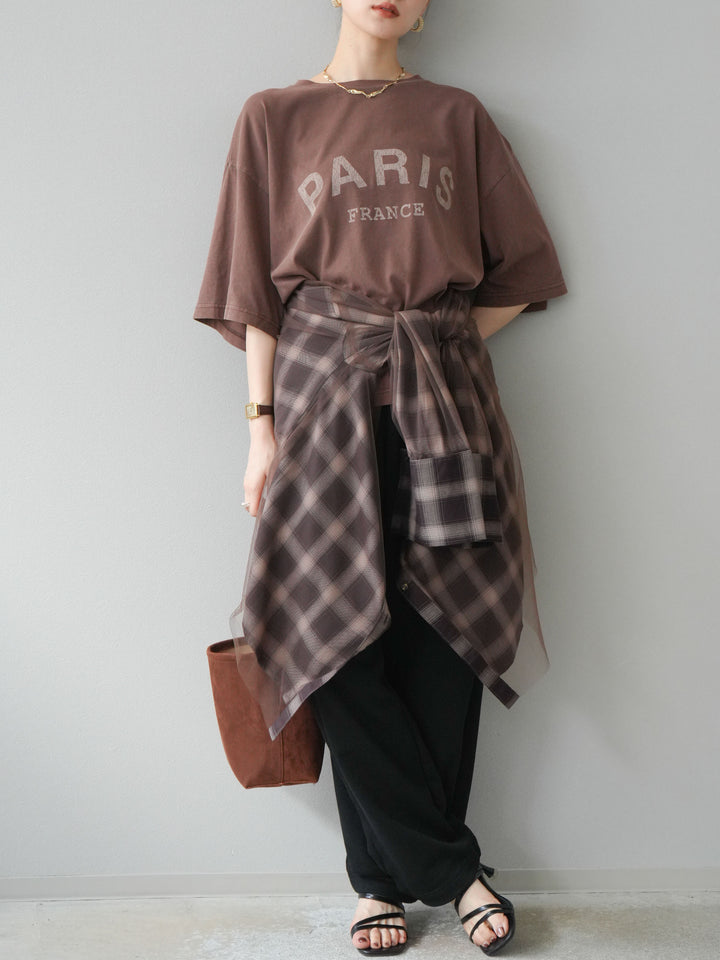 [SET]ピグメントロゴプリントTシャツ+2WAYデザインスウェットパンツ+チュールドッキングチェック柄オーバーサイズシャツ(3set)