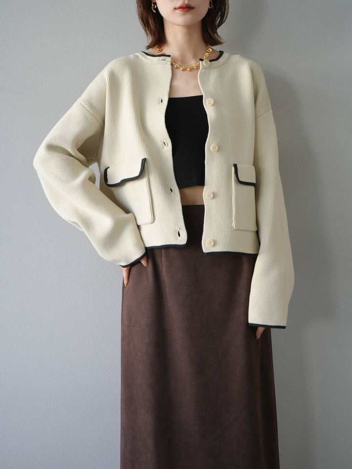 [予約]ポリエステル配色クルーネックカーディガン/アイボリー