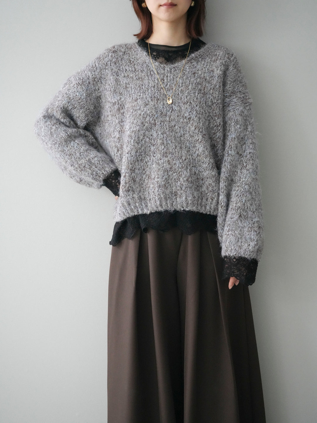 [SET]Vネックミックスヤーンニットプルオーバー+テープベルトタックバギーパンツ(2set)