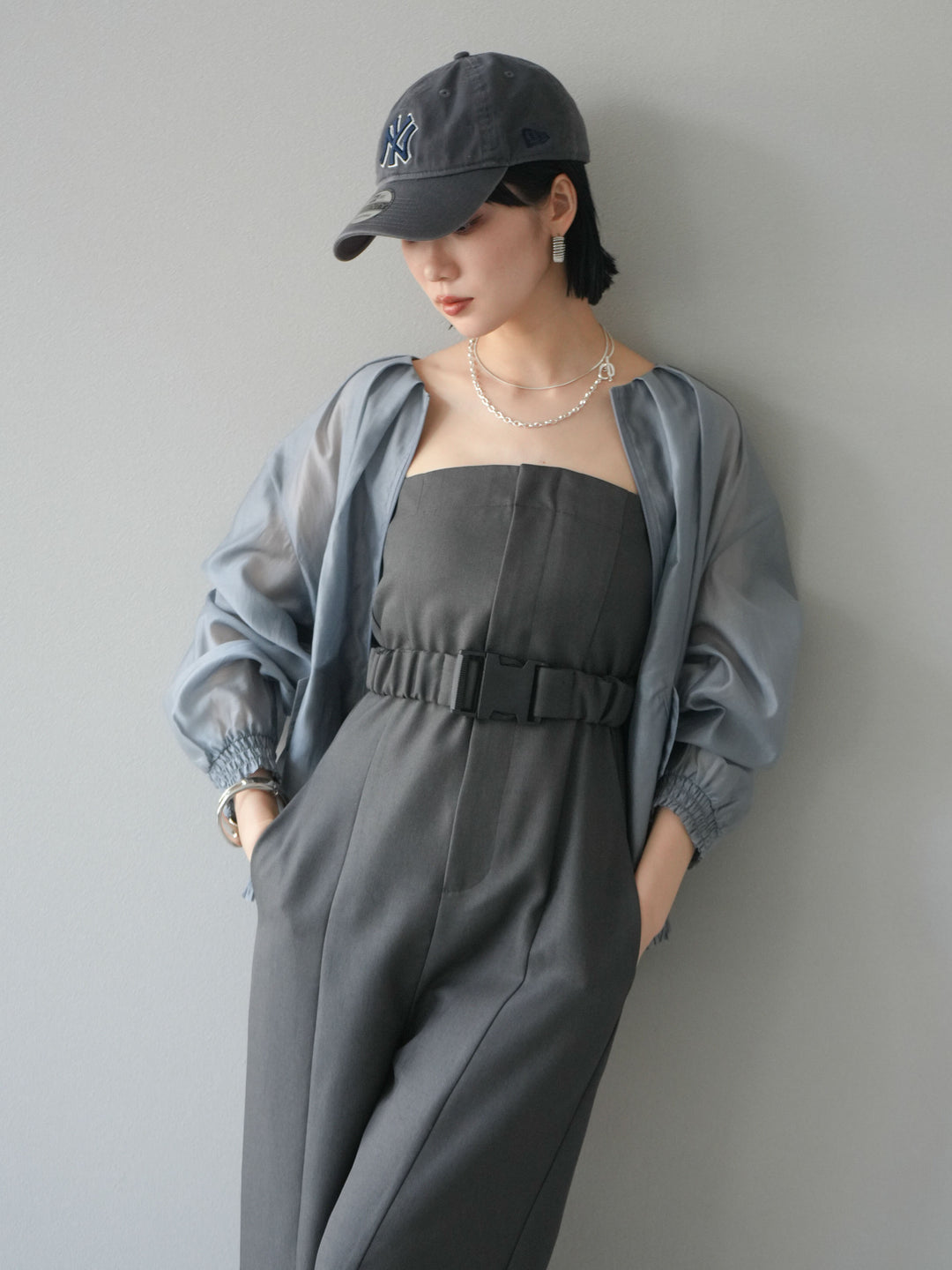 【預訂】褶襉設計透視上衣/灰色