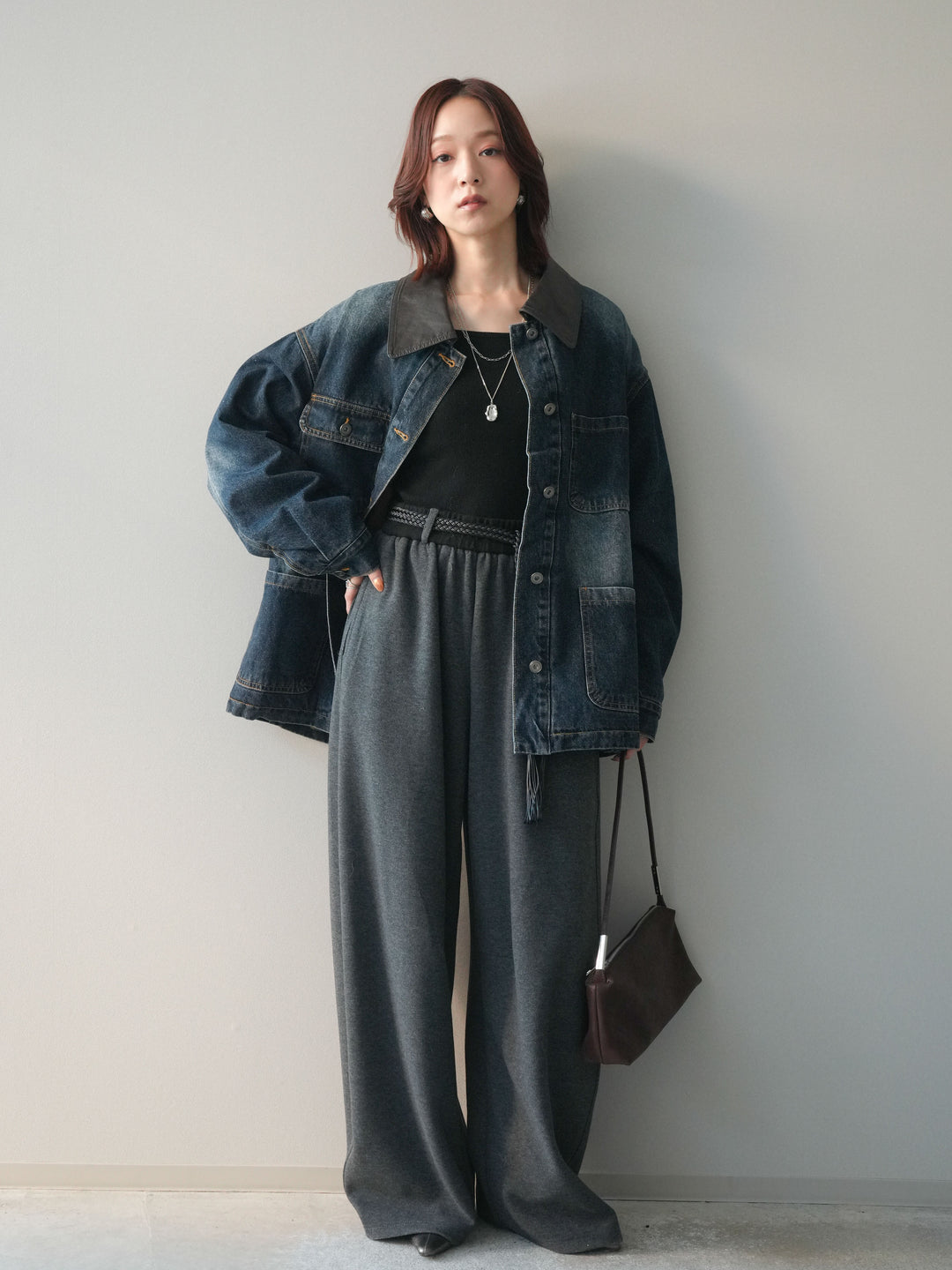 [SET]編み込みベルト付きウエスト配色スエットパンツ+編み込みベルト付きウエスト配色スエットパンツ(2set)