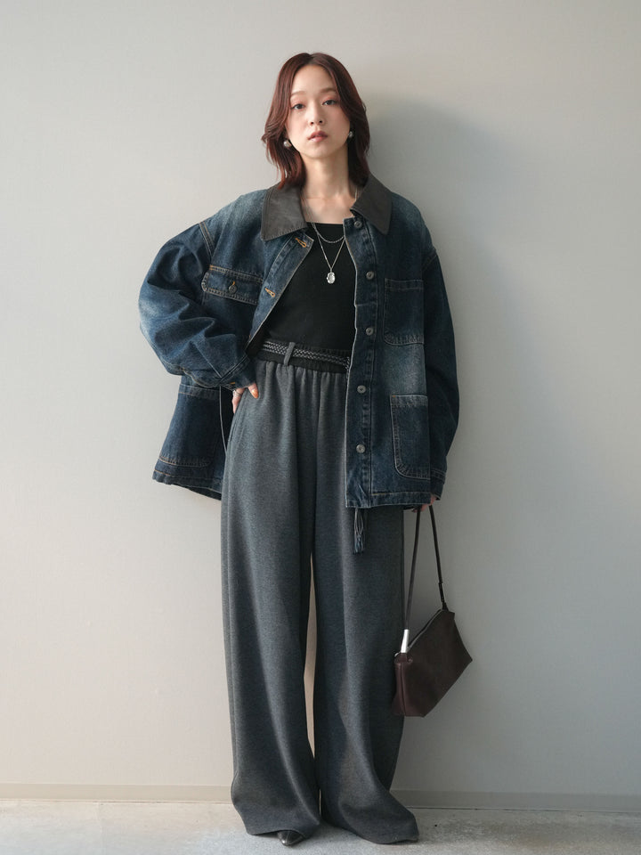 [SET]編み込みベルト付きウエスト配色スエットパンツ+編み込みベルト付きウエスト配色スエットパンツ(2set)