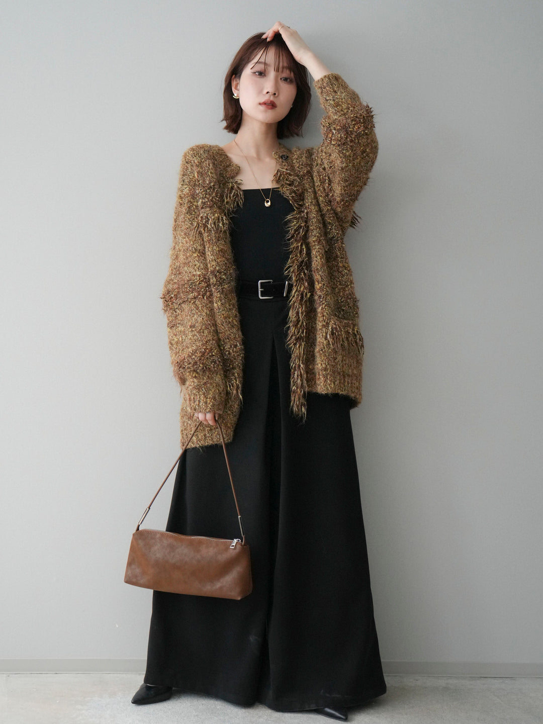 [SET]ミックスヤーンフリンジデザインニットジャケット+ベルト付きフロントタックワイドパンツ(2set)