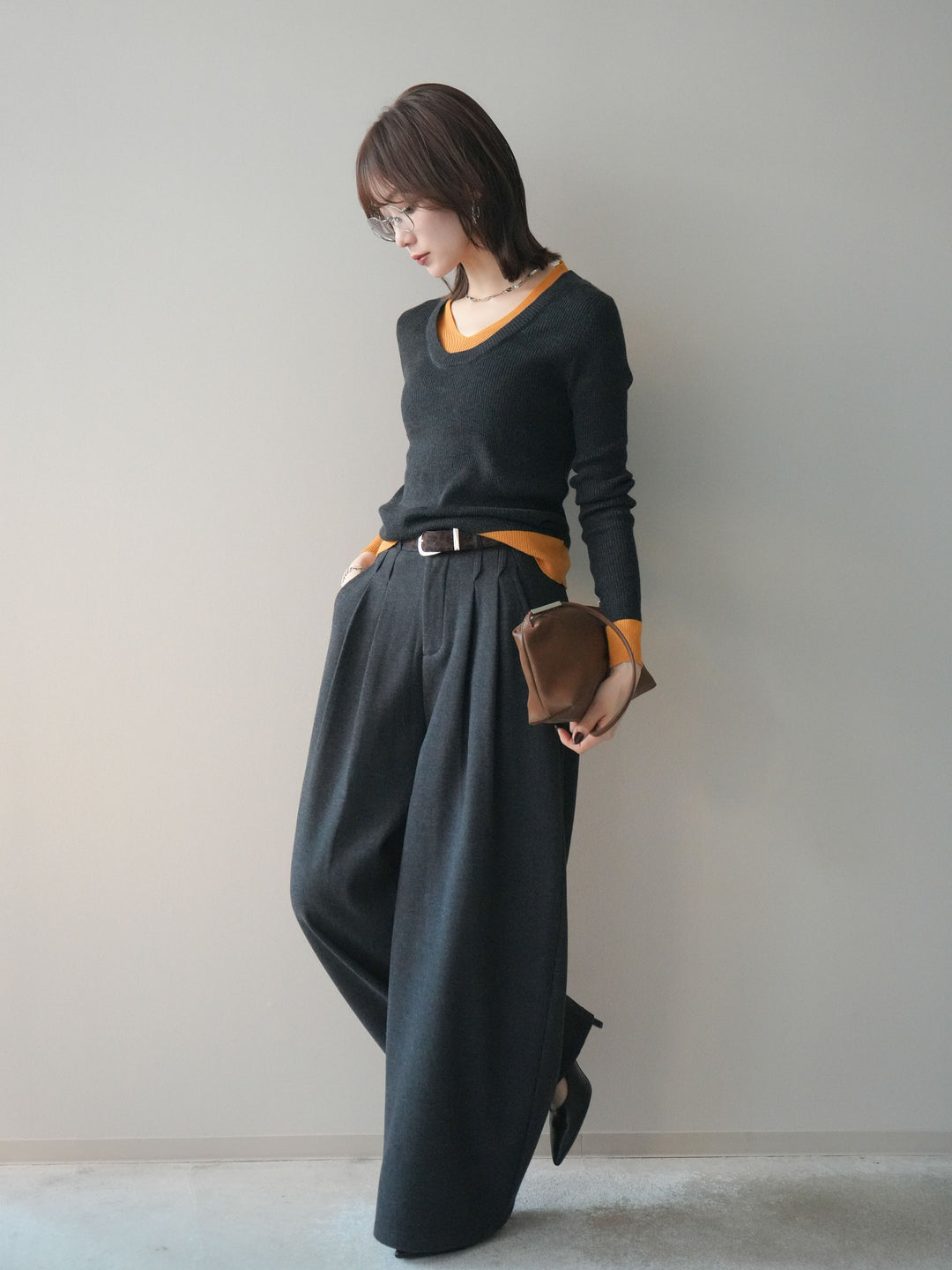 [SET]アニマル柄ベルト付きウールタッチワイドパンツ+アニマル柄ベルト付きウールタッチワイドパンツ(2set)