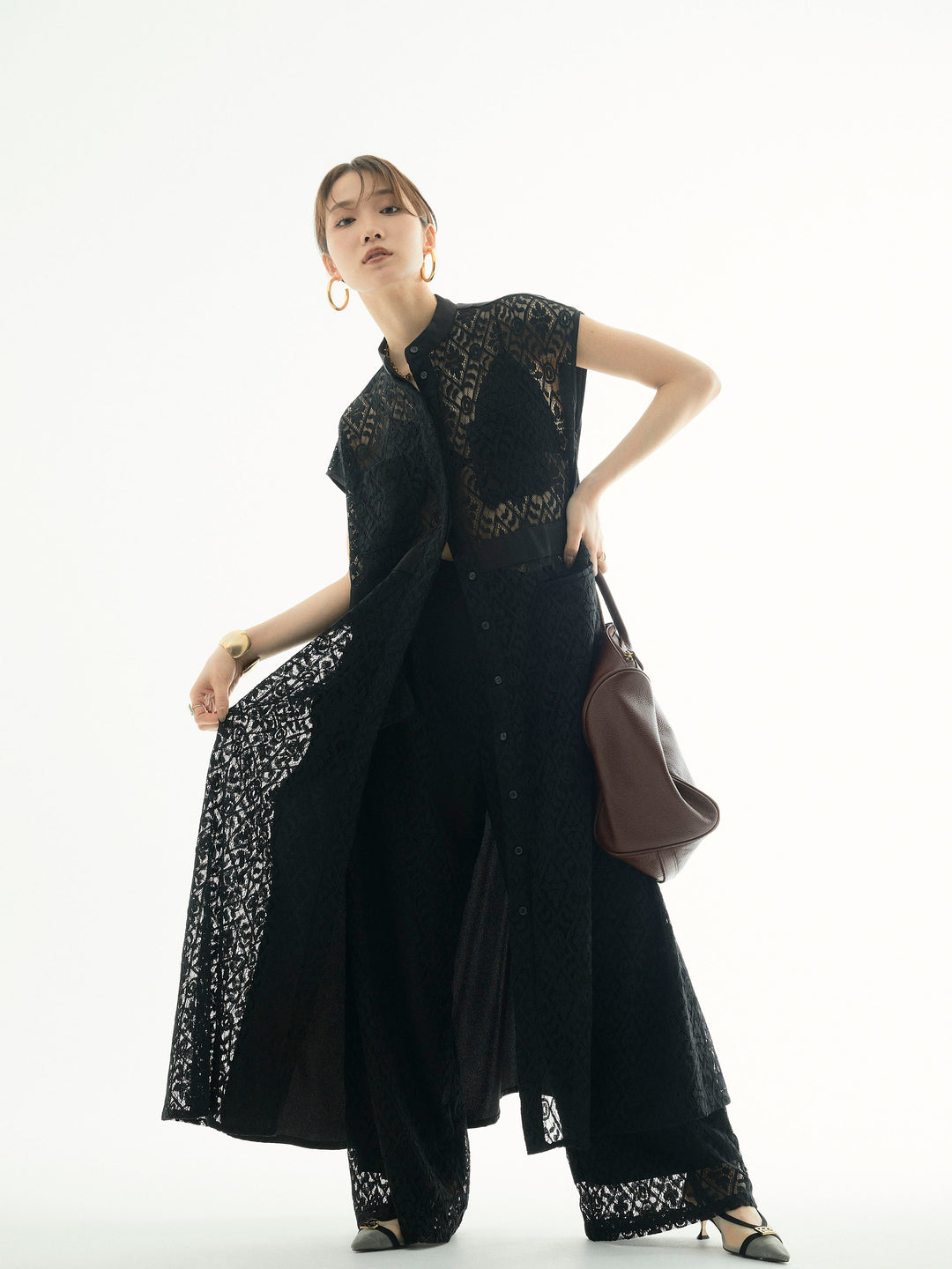 【Allure】[SET]レースサテン切替ワンピース+レースタックワイドパンツ(2set)