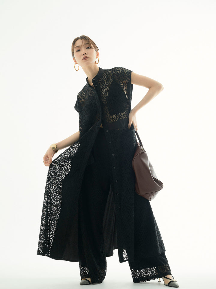 【Allure】[SET]レースサテン切替ワンピース+レースタックワイドパンツ(2set)