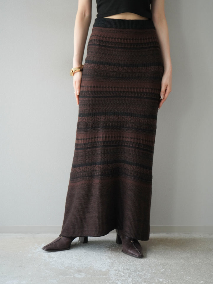[予約]ガーター編みニットロングスカート/ブラウン×ブラック