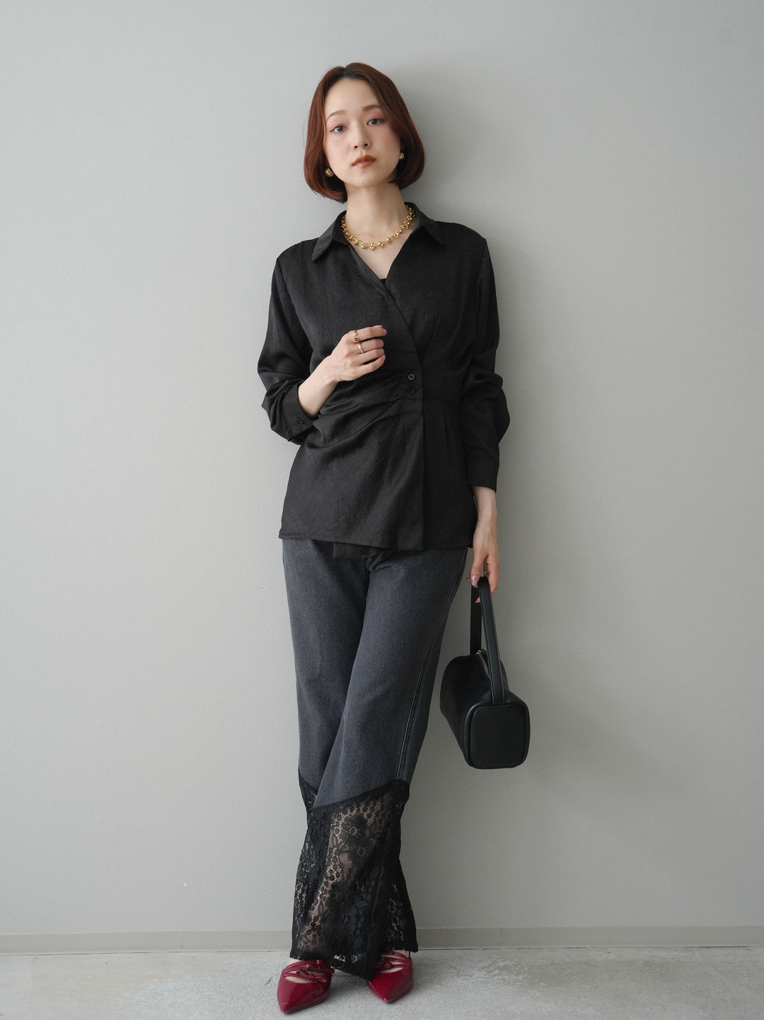 [予約]レース切替フレアデニムパンツ/black