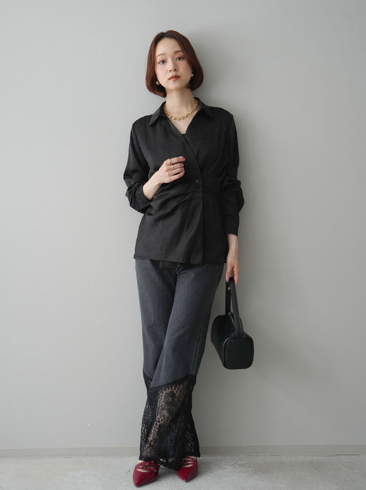 [予約]レース切替フレアデニムパンツ/black