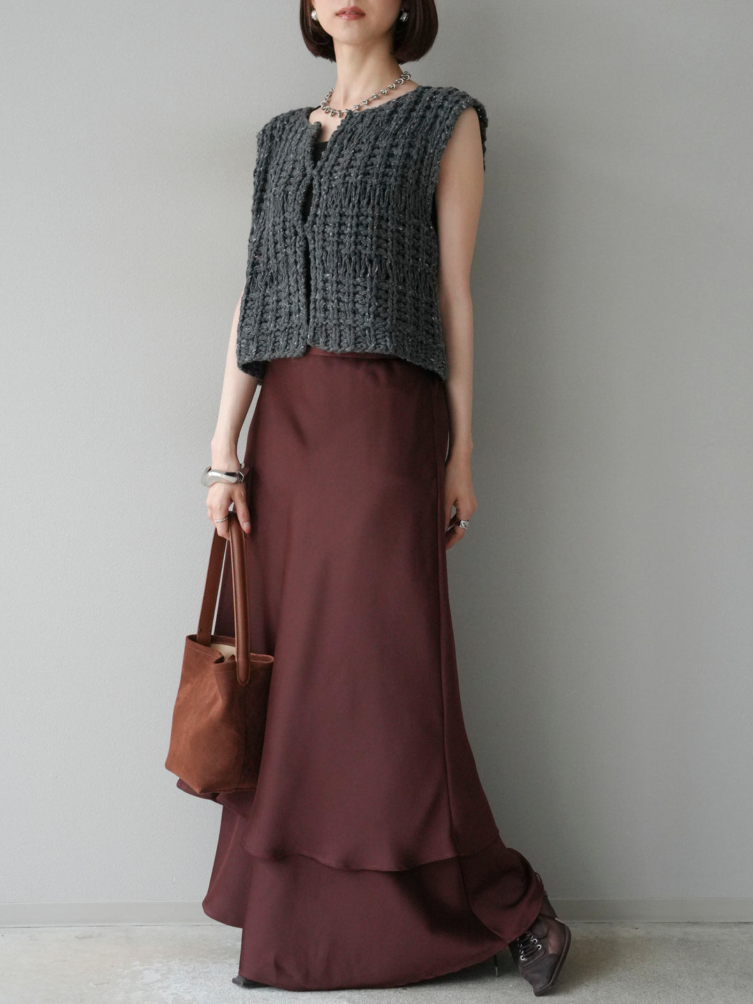 [予約]サテンフリルスカート/ブラウン