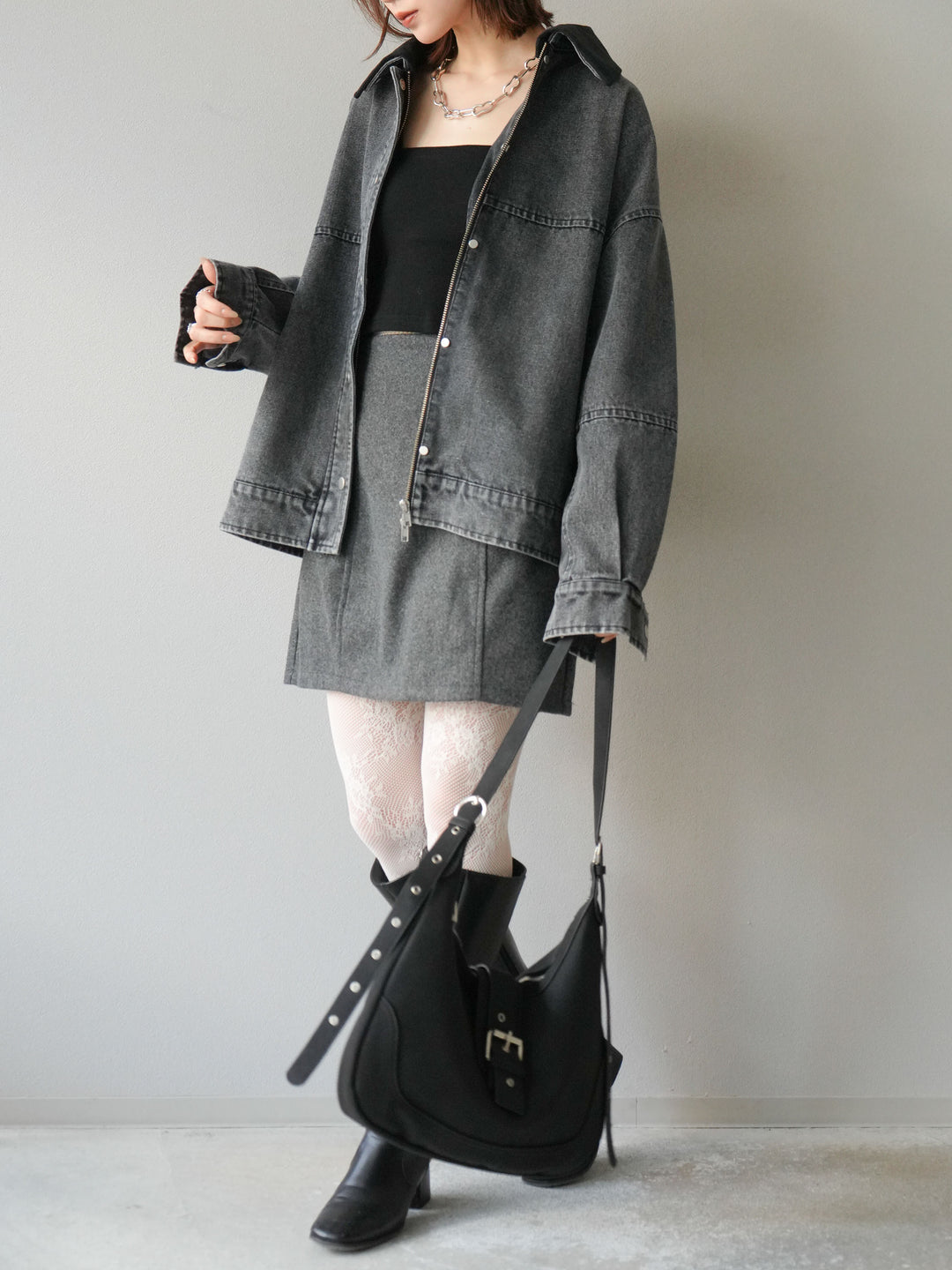 [予約]フェイクウールコクーンミニスカート/チャコール