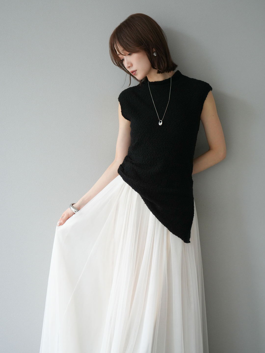 [予約]ブークレアシメニットノースリーブトップス/ブラック