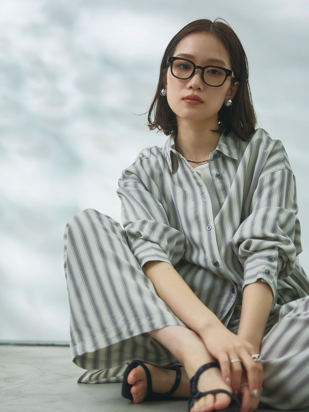 【Allure】[SET]ストライプオーバーシャツ+フロントボタンテレコリブタンクトップ+ストライプイージーパンツ(3set)