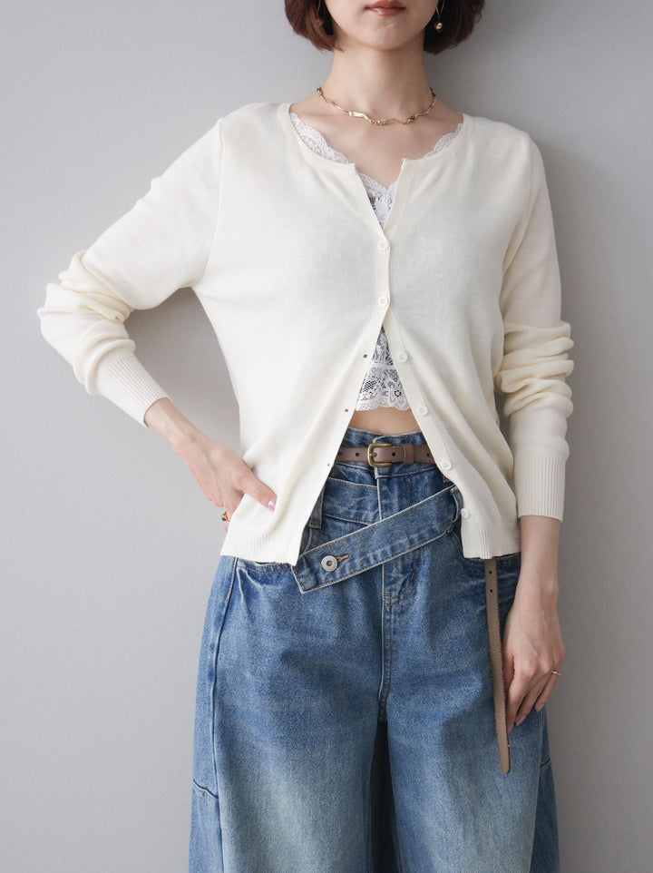 [SET]レースレイヤードニットカーディガン+アシメデザインワイドデニムパンツ(2set)