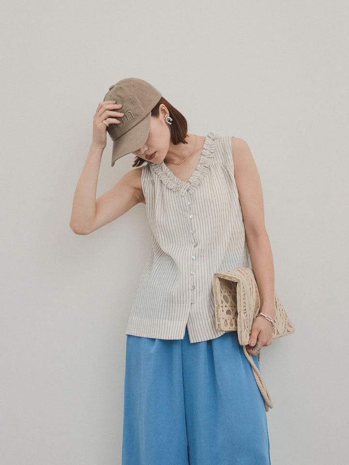 [予約]ストライプフリルブラウス/アイボリー