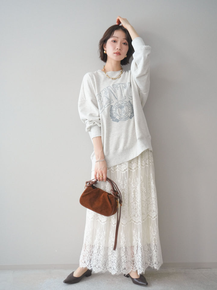 [SET]カレッジロゴ刺繍BIGスウェットプルオーバー+裏プリーツ総レースロングスカート(2set)