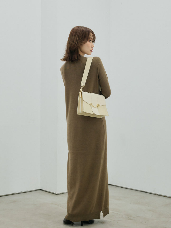 [予約]ヘンリーネックレイヤードニットワンピース/khaki