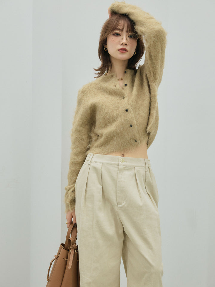 【Allure】[SET]モヘアタッチクロップドニットプルオーバー+コーデュロイタックワイドパンツ(2set)