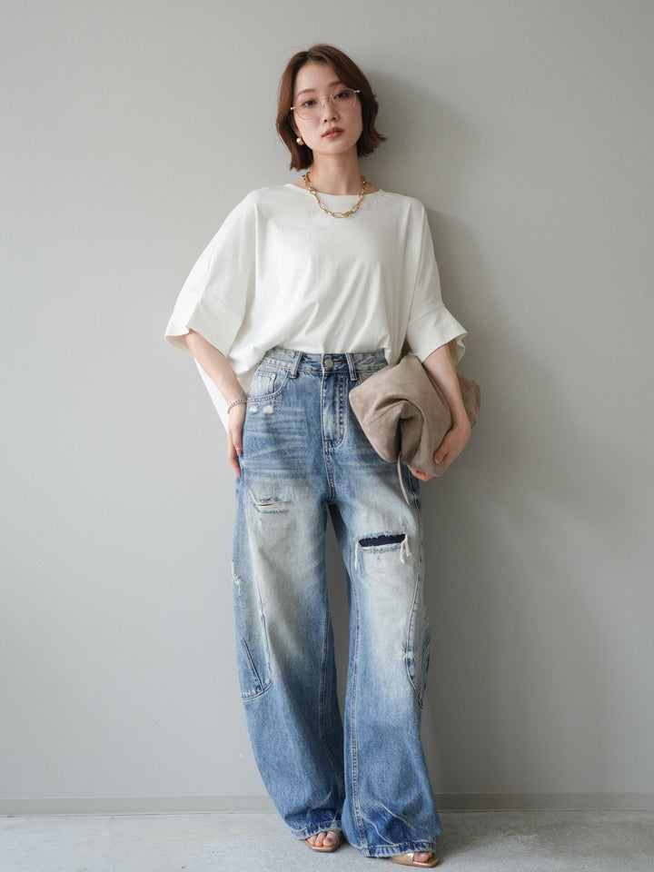 [SET]ドルマンワイドフレアトップス+ダメージカーブワイドデニムパンツ(2set)