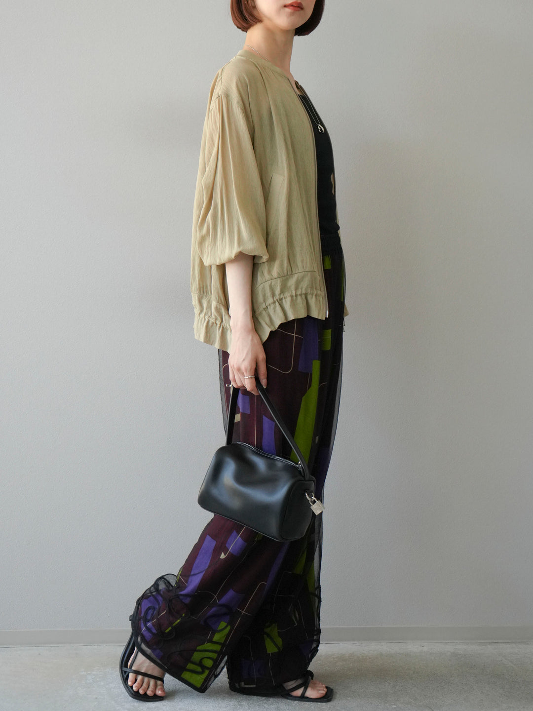 [予約]レーヨンフレックススラブレトロ柄ストレートパンツ/ワイン