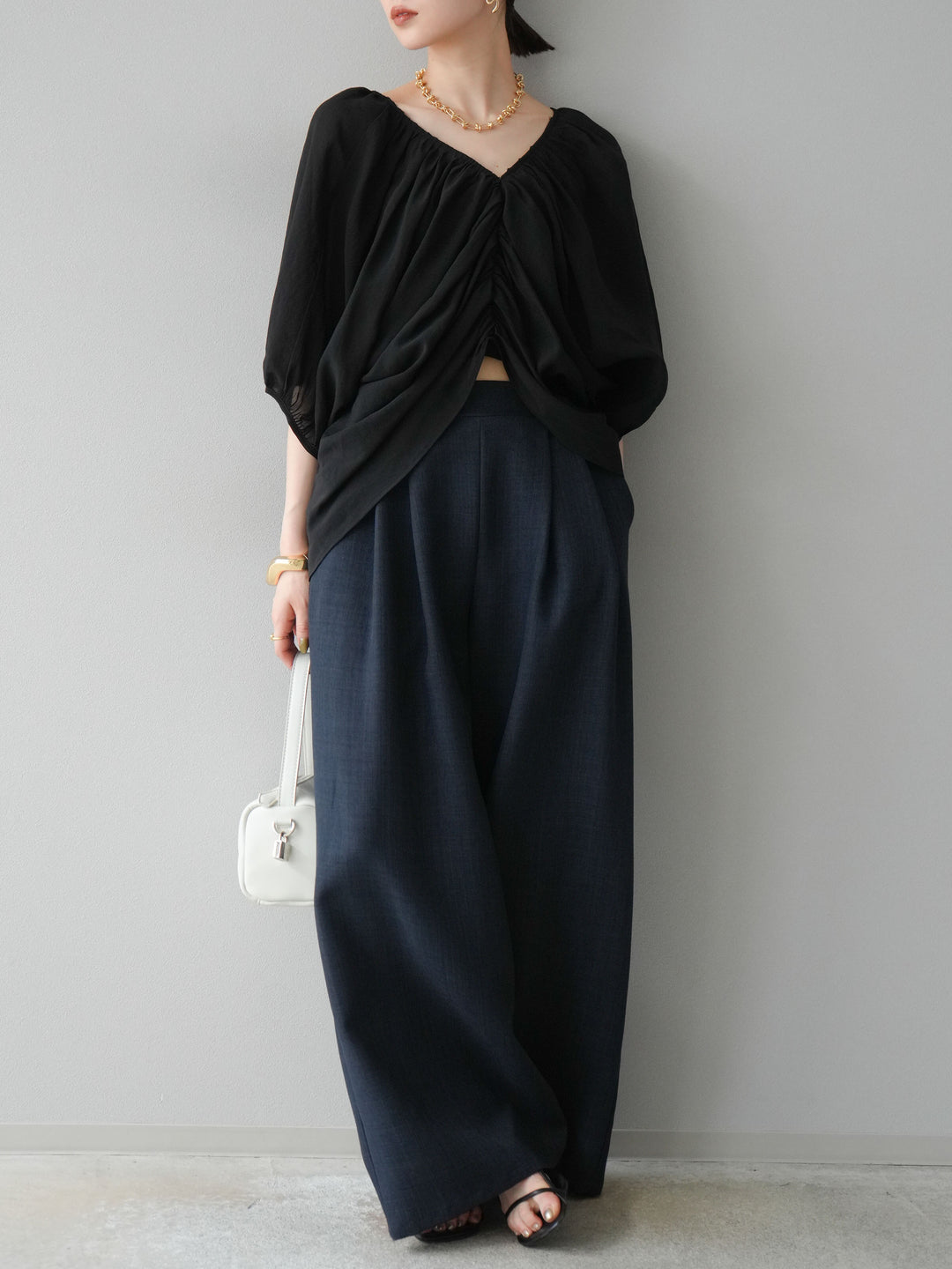 [SET]ボリュームスリーブシアータックブラウス+リネンライクイージーワイドパンツ(2set)